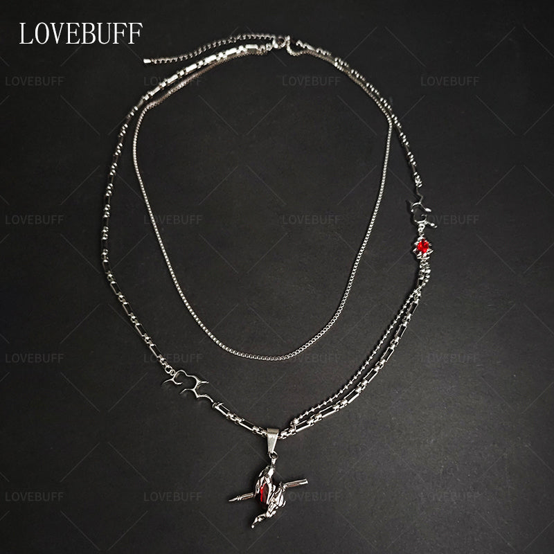 LOVEBUFF LAD Sylus: Dark Feather Through The Heart Pendant Layered Necklace Cosplay Accessory