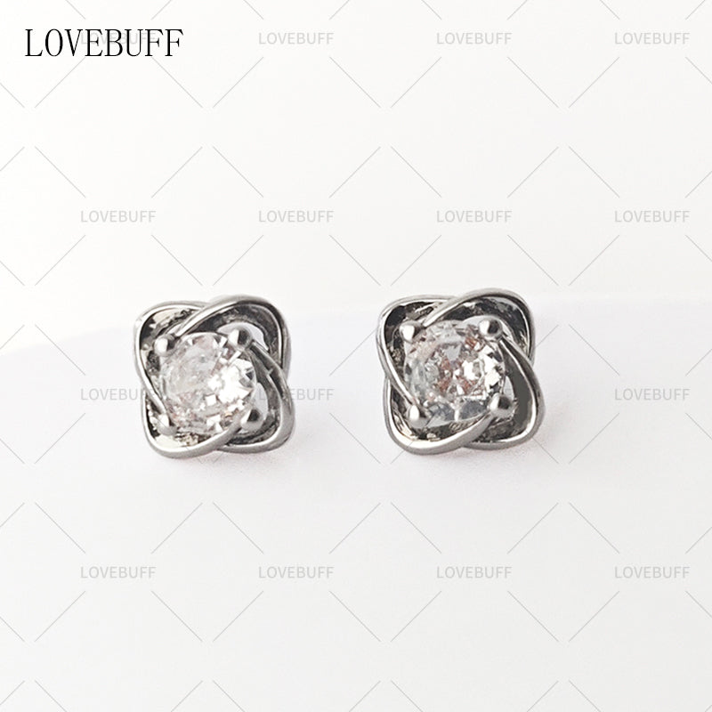 LOVEBUFF Platinum Plated Copper Four-Petal Flower Zircon Stud Earrings