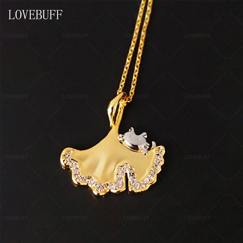 LOVEBUFF Cat Ginkgo Biloba Leaf Pendant Necklace
