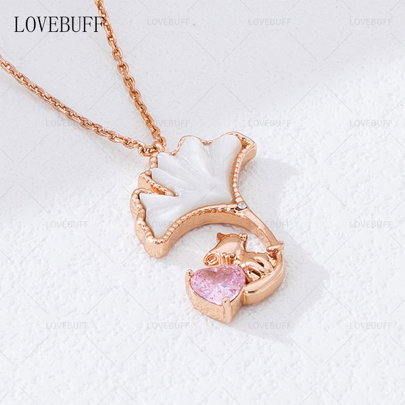 LOVEBUFF Rose Gold Plated Copper Cat Mother of Pearl Ginkgo Biloba Leaf Necklace