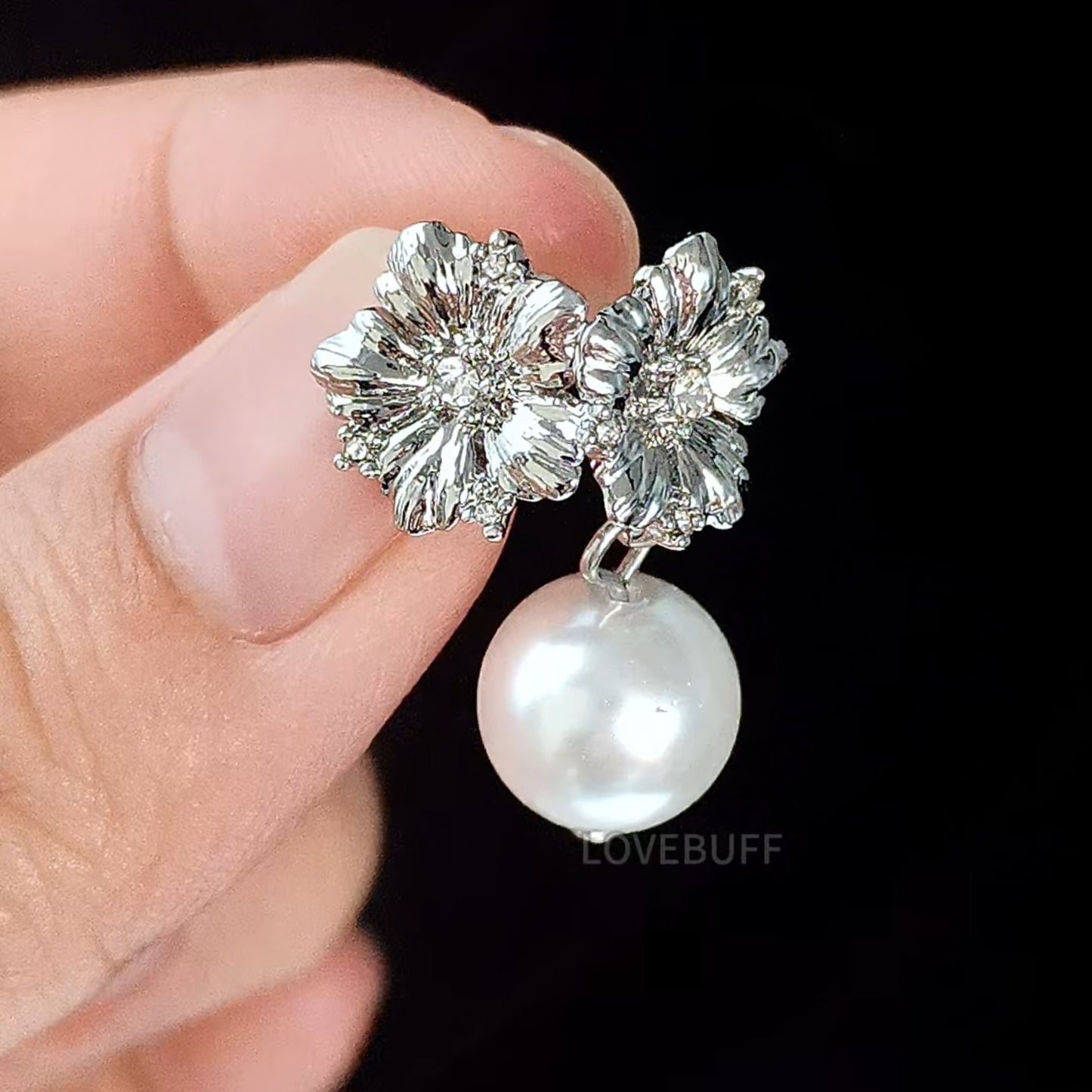 LOVEBUFF LAD Xavier MC's Wedding Silver Sparkle Flower Stud Pearl Drop Earrings