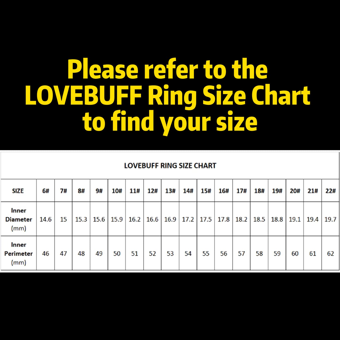 LOVEBUFF ring size chart with yellow text on a black background