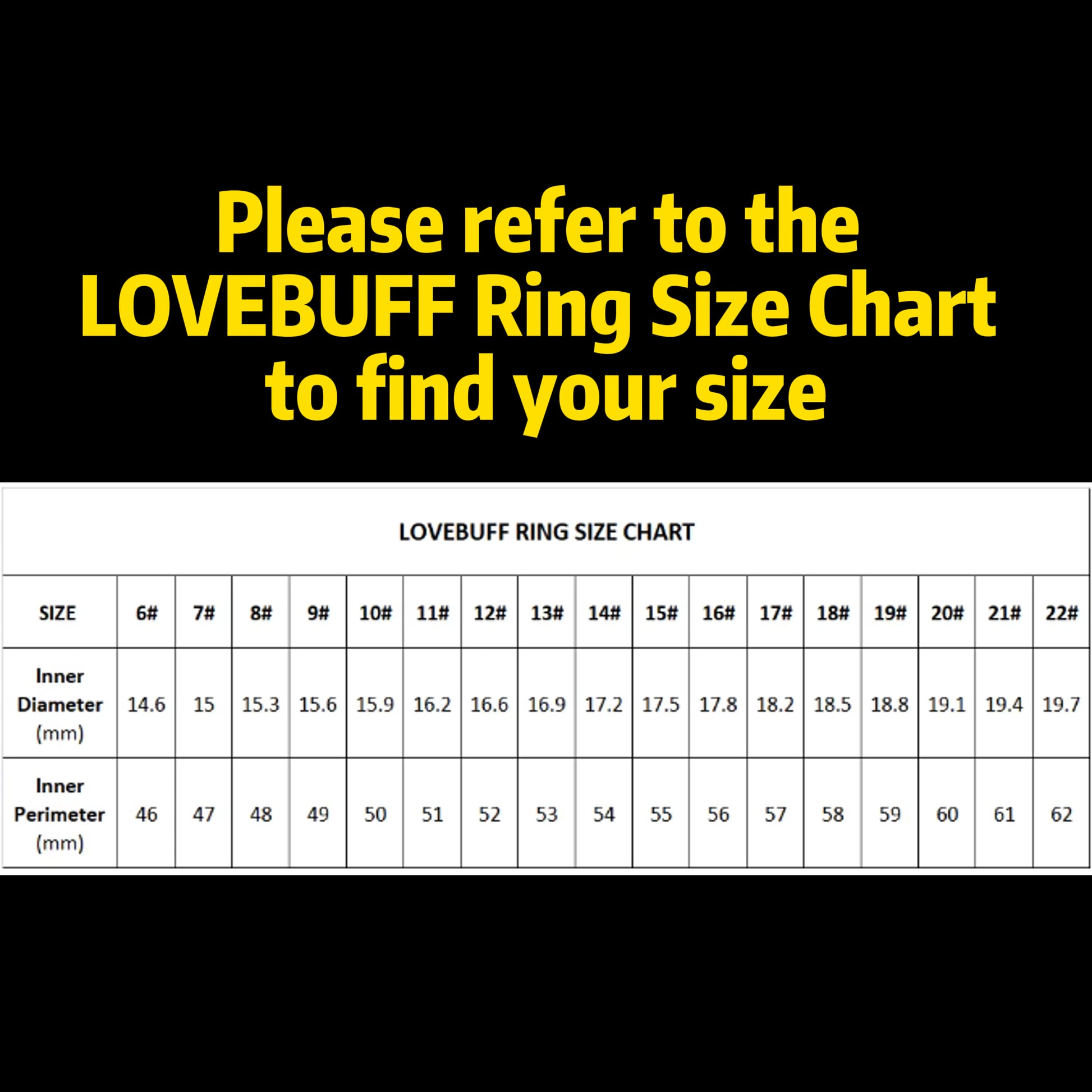 LOVEBUFF ring size chart with yellow text on a black background