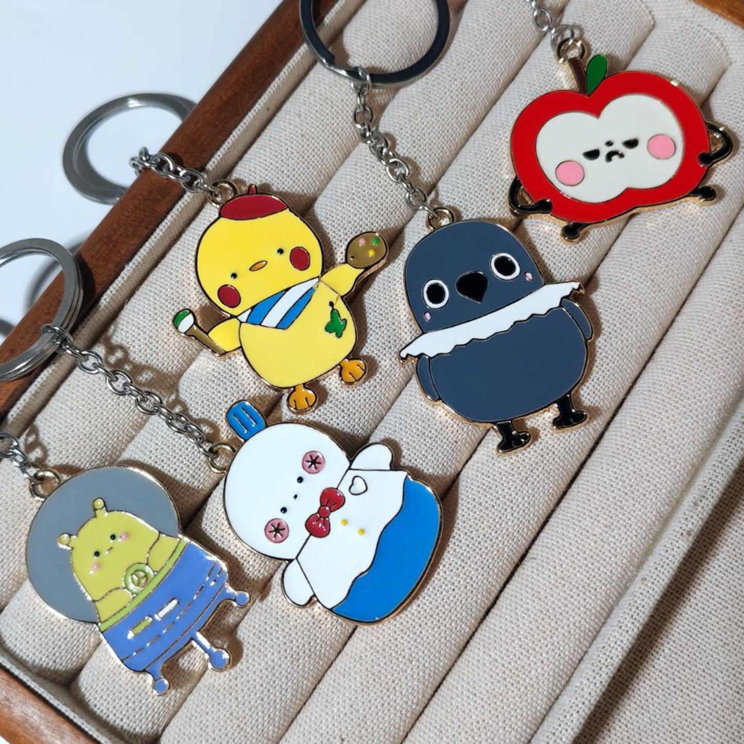 LOVEBUFF LAD Artsy Birb Happy Snowman Grumpy Crow Galaxy Kid Sunny Apple Keychain 5pc Set