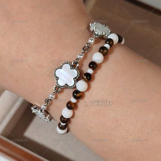 LOVEBUFF LAD Spring and Flowers Caleb Floating Floraletter MC's Four-leaf Clover Beaded Bracelet 2pc Set